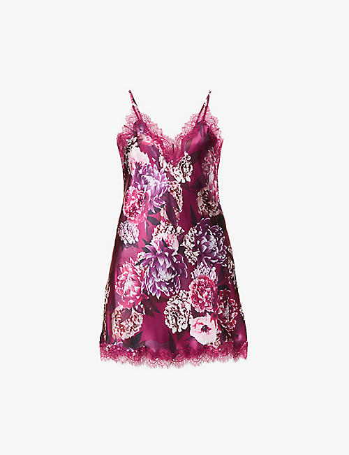 SAINTED SISTERS: Scarlett floral-print lace-trimmed silk-satin chemise