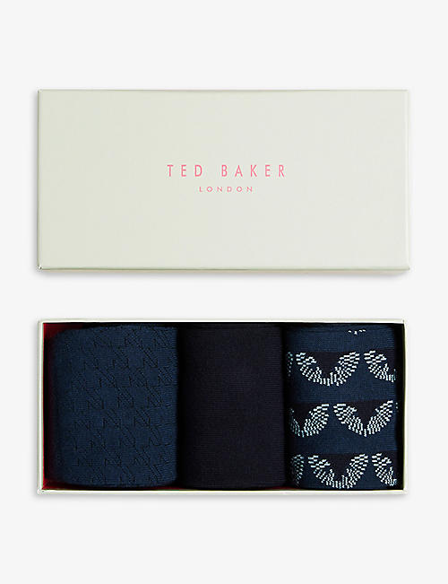 TED BAKER: Navypak patterned pack of three stretch-cotton blend socks