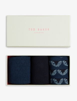 Ted Baker Navypak Patterned Pack Of Three Stretch-cotton Blend Socks In Assorted