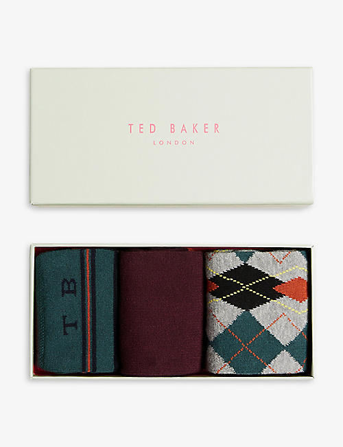 TED BAKER: Mixdpak patterned pack of three stretch-cotton blend socks