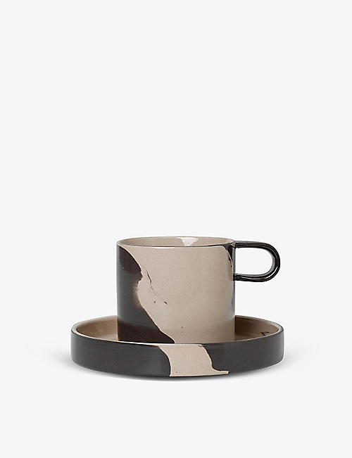 FERM LIVING: Inlay contrast-print stoneware cup and saucer