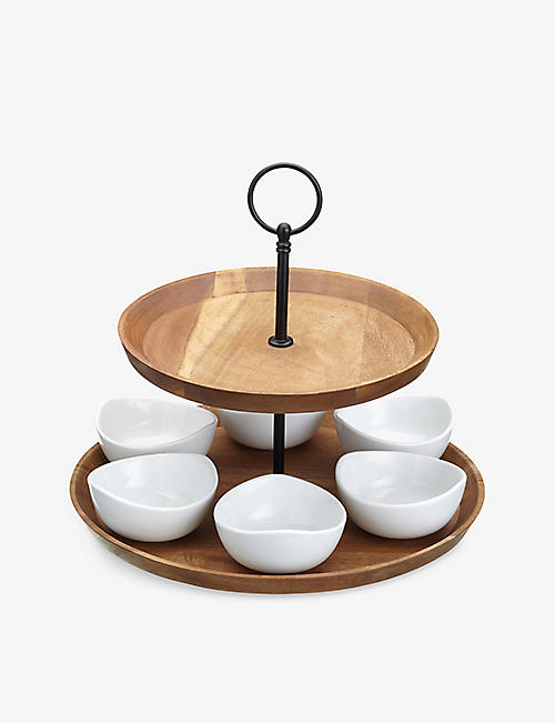 ARTESA: Two-tier acacia wood and porcelain serving stand set