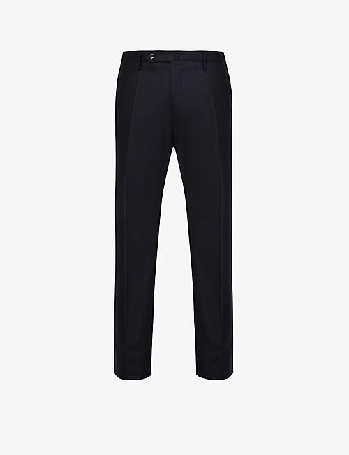 SLOWEAR: Pressed-crease mid-rise slim-fit tapered wool trousers