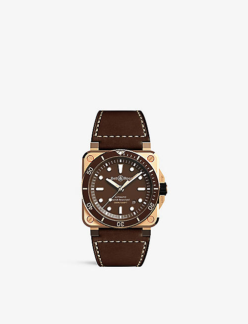 BELL & ROSS: BR 03-92 Diver satin-polished bronze and leather automatic watch