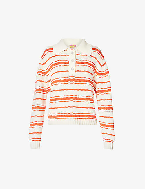 KITRI: Striped embellished-button knitted jumper