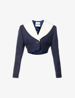 Miu Miu Contrast-collar Cropped Wool-blend Jacket In Bleu