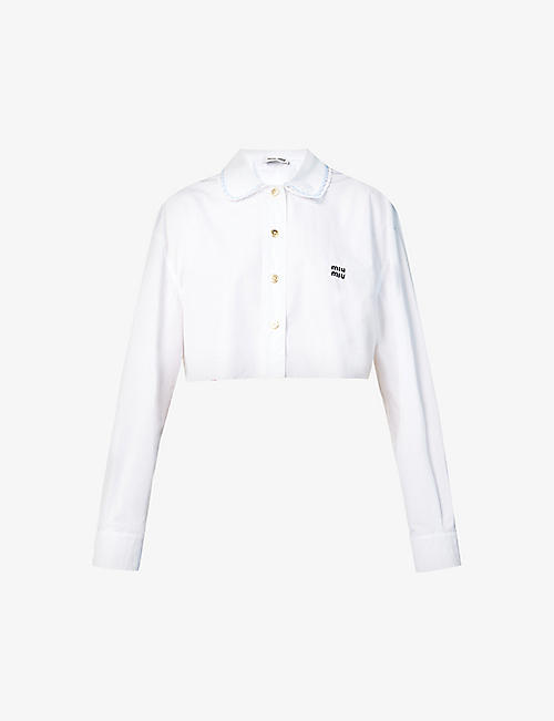 MIU MIU: Cropped raw-trim boxy-fit cotton-poplin shirt