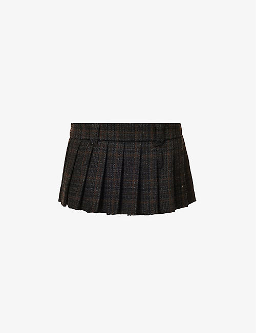 MIU MIU: Pleated tartan-print wool mini skirt
