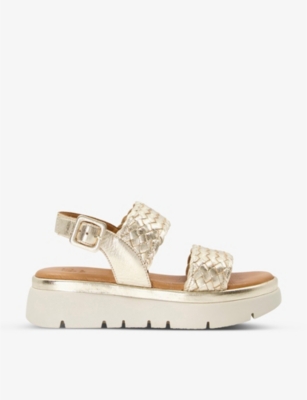 Dune Womens Gold-leather Lorris Woven-strap Flatform Leather Sandals