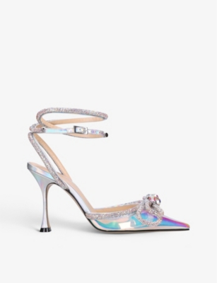 Mach&mach Double Bow Crystal-embellished Leather And Pvc Heeled Sandals In Silver