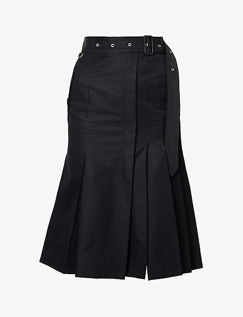 SACAI: Pleated split-hem cotton midi skirt