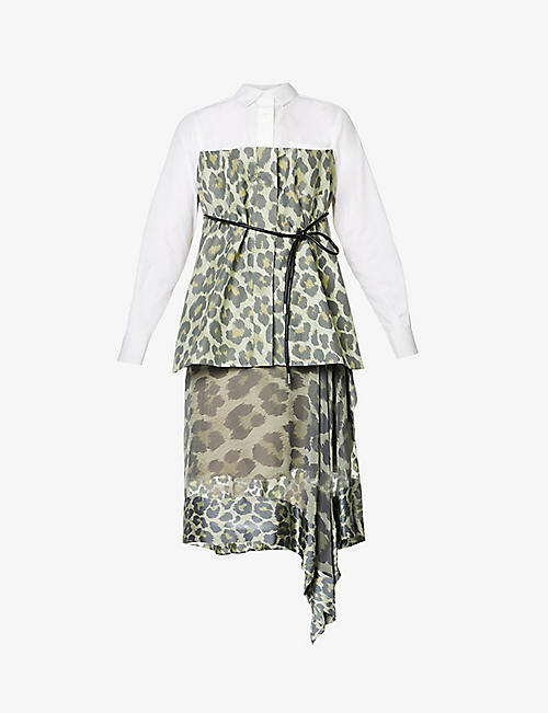 SACAI: Leopard-print panel cotton-chiffon shirt