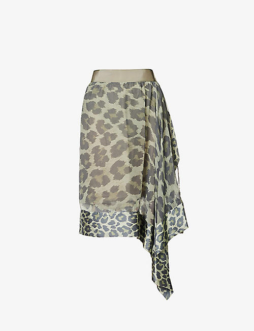 SACAI: Leopard-print asymmetric-hem satin midi skirt