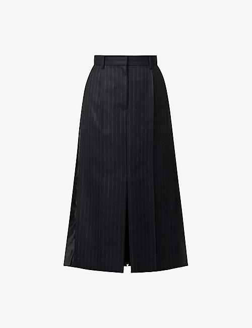 SACAI: Hybrid chalk-stripe pleated woven midi skirt