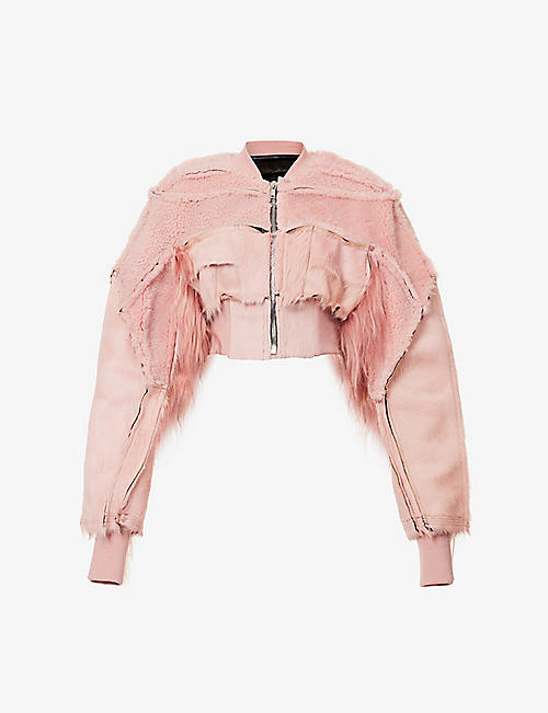 RICK OWENS: Collage cropped shearling bomber jacket