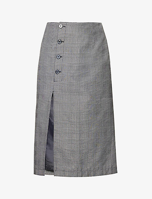 ROKH: Checked stretch-woven midi skirt