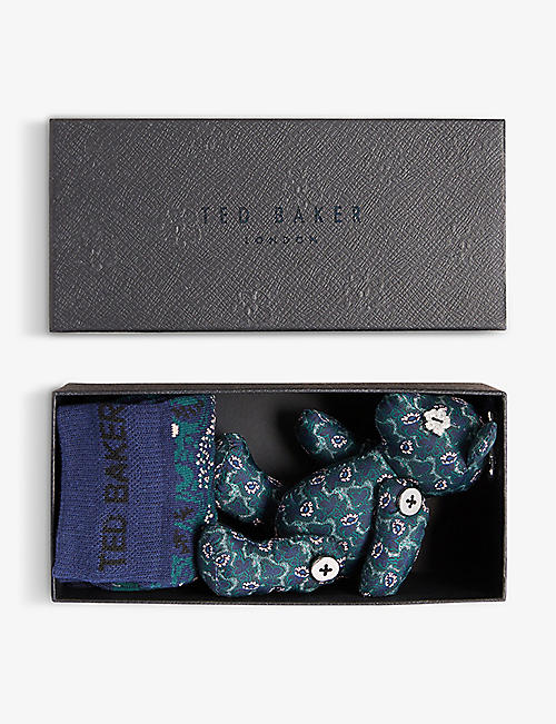 TED BAKER: Perriia floral-print teddy-bear keyring and sock set
