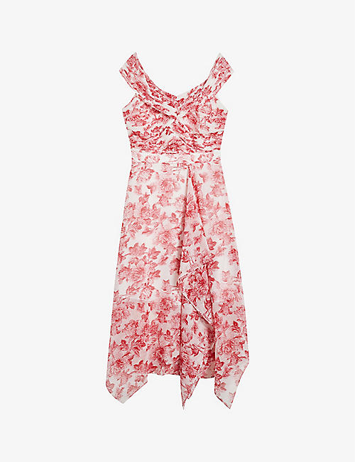 TED BAKER: Eloisi floral-print ruffle-skirt bardot woven midi dress