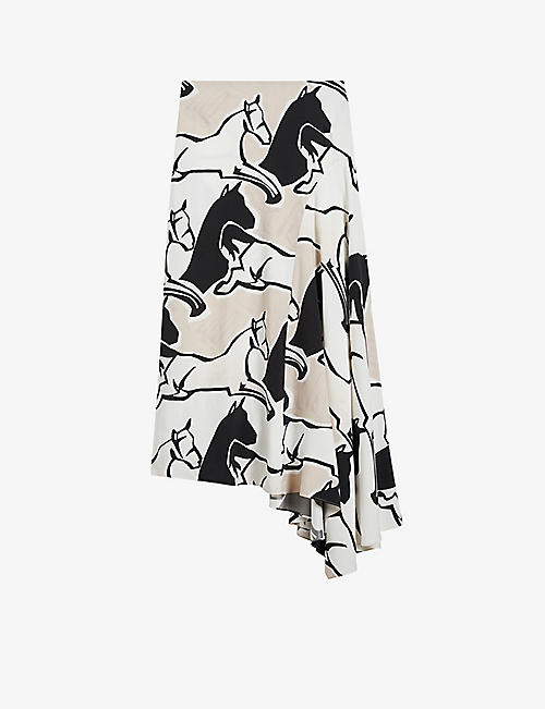 TED BAKER: Selenia horse-print asymmetric bias-cut woven midi skirt