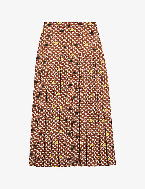 TED BAKER: Yaniss graphic-print dropped-waist pleated woven midi skirt