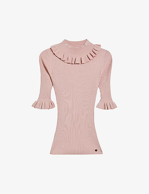 TED BAKER: Katella frill-neck ribbed knitted top
