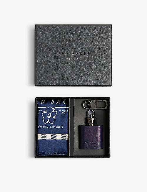 TED BAKER: Dumfree check-print silk pocket square and hip flask set