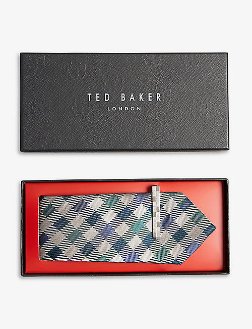 TED BAKER: Moryl house-check printed silk tie and tie-bar set