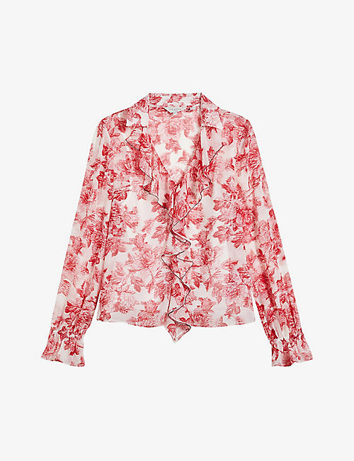 TED BAKER: Laurent floral-print ruffle-detail crepe blouse