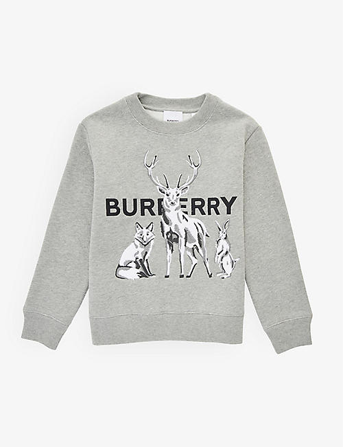 BURBERRY: Stag brand-text cotton-blend sweatshirt 3-14 years