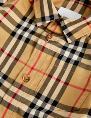 Shop Burberry Archive Beige Ip Chk Owen Check-print Long-sleeved Stretch-cotton Shirt 6-24 Months