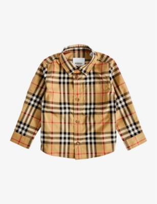 Shop Burberry Archive Beige Ip Chk Owen Check-print Long-sleeved Stretch-cotton Shirt 6-24 Months