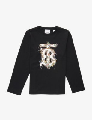 BURBERRY：Wilbur 交织字母印花长袖棉质 T 恤 3-14 岁