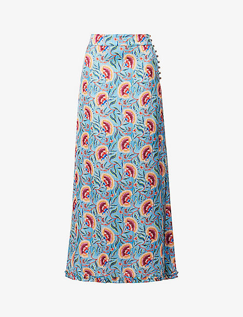 PACO RABANNE: Floral-print side-split satin maxi skirt
