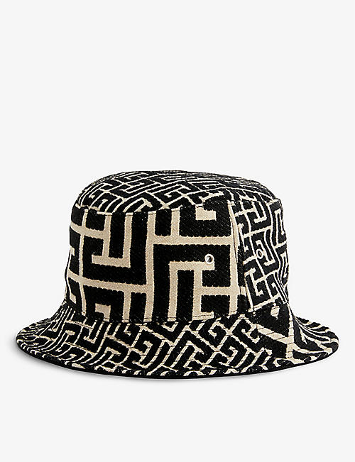 BALMAIN: Monogram-print wide-brim cotton-blend bucket hat