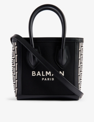 BALMAIN: B-army brand-print cotton and leather cross-body bag