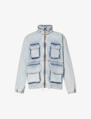 ARIES Acid-washed concealed-hood relaxed-fit denim-cargo jacket