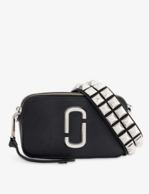Marc Jacobs - Snapshot Studs - Black leather bag printed canvas with wide  and studded shoulder strap, for women