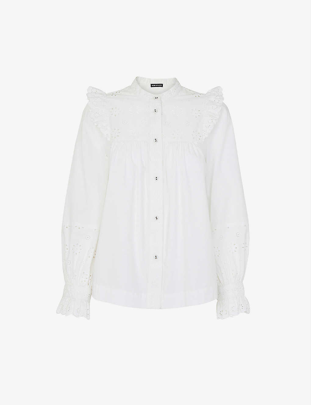 Whistles Womens White Broderie-detail Frill-sleeve Cotton Top
