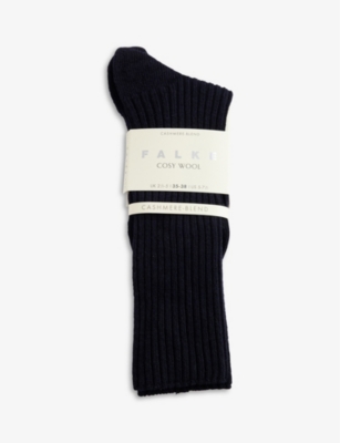 Falke Cosy Wool Ribbed Calf-length Wool-blend Socks In Dark Navy