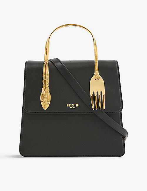 MOSCHINO: Cutlery logo-embossed leather top-handle bag