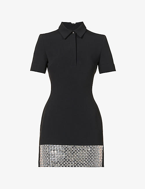 DAVID KOMA: Polo-collar crystal-embellished stretch-crepe mini dress
