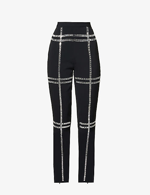 DAVID KOMA: Mirror-embellished tapered-leg high-rise crepe trousers