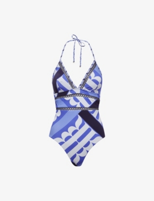 REISS: Gia graphic-print halterneck stretch-woven swimsuit