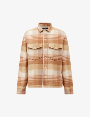 Allsaints Sacco Faux Fur-lined Check Cotton Shacket In Ecru/camel