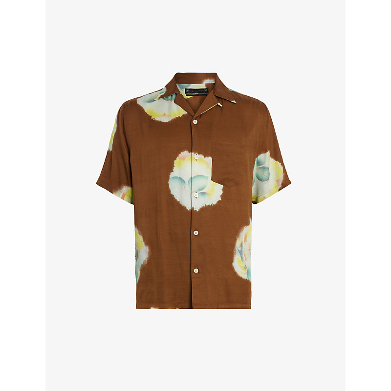 Shop Allsaints Men's Brown Toulon Floral-print Woven Shirt