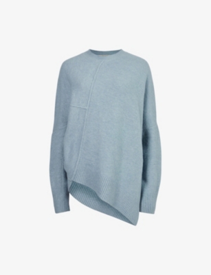 Allsaints Lock Asymmetric Hem Crewneck Sweater In Slate Blue