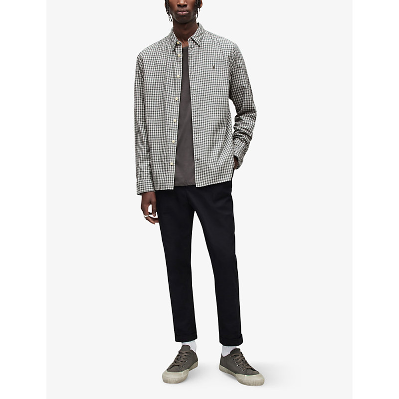Shop Allsaints Varmo Checked Ramskull-embroidered Cotton Shirt In Off White