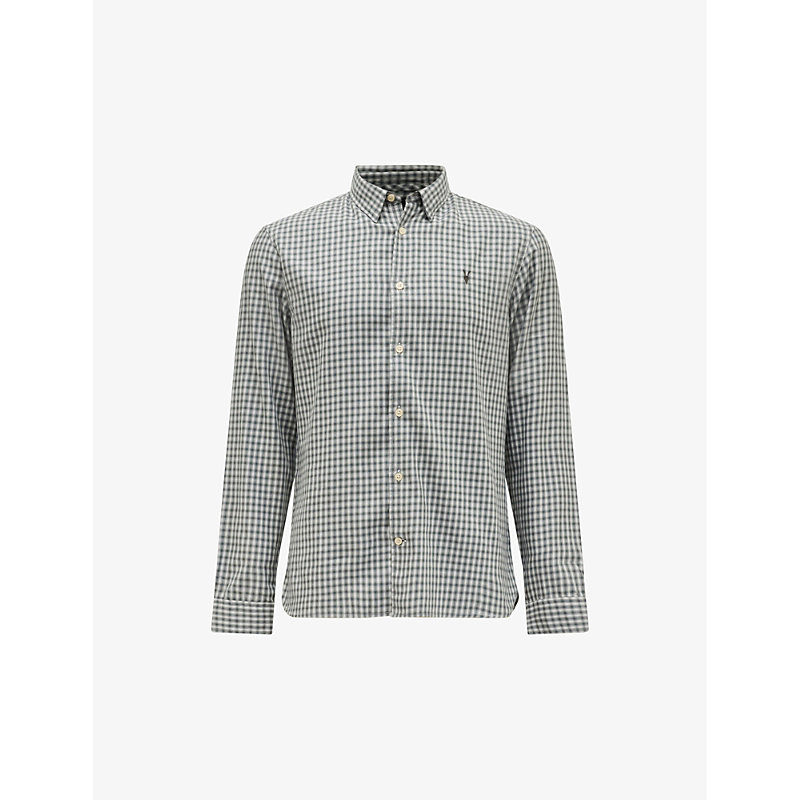 Shop Allsaints Varmo Checked Ramskull-embroidered Cotton Shirt In Off White