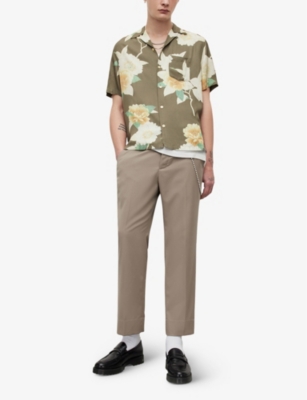 Shop Allsaints Men's Khaki Green Alamein Floral-print Eco Viscose-blend Shirt