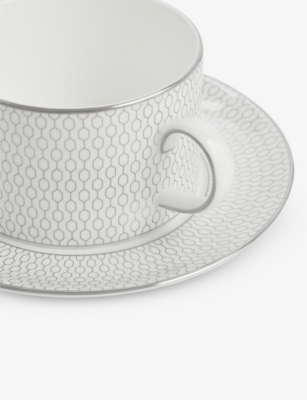 WEDGWOOD: Gio Platinum metallic geometric-pattern bone-china teacup and saucer